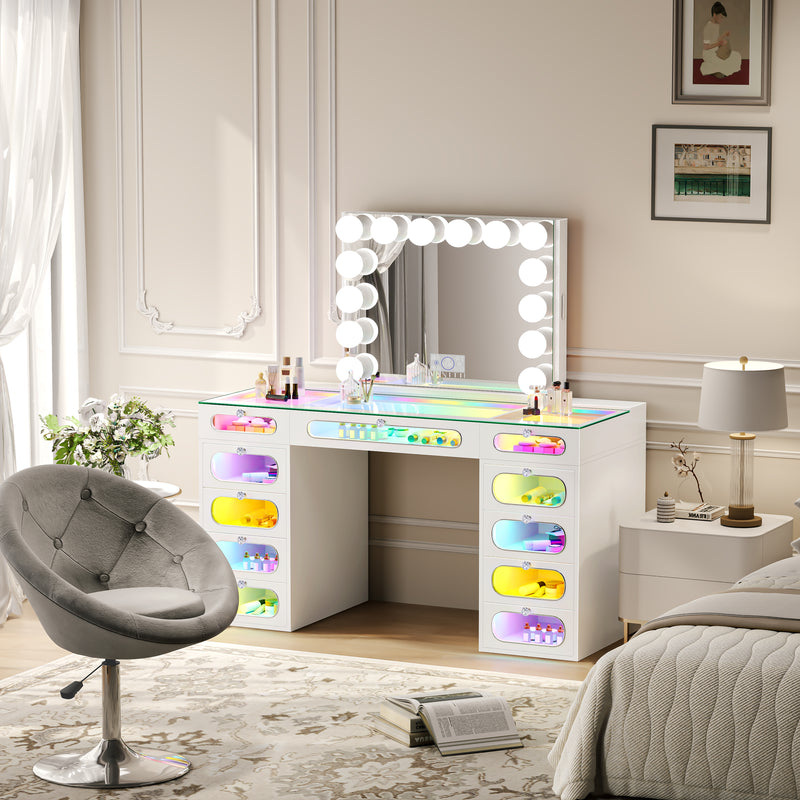 Priscilla Makeup Vanity Set with Jewelry Storage Mirror, 11-Drawer Vanity Table & chair