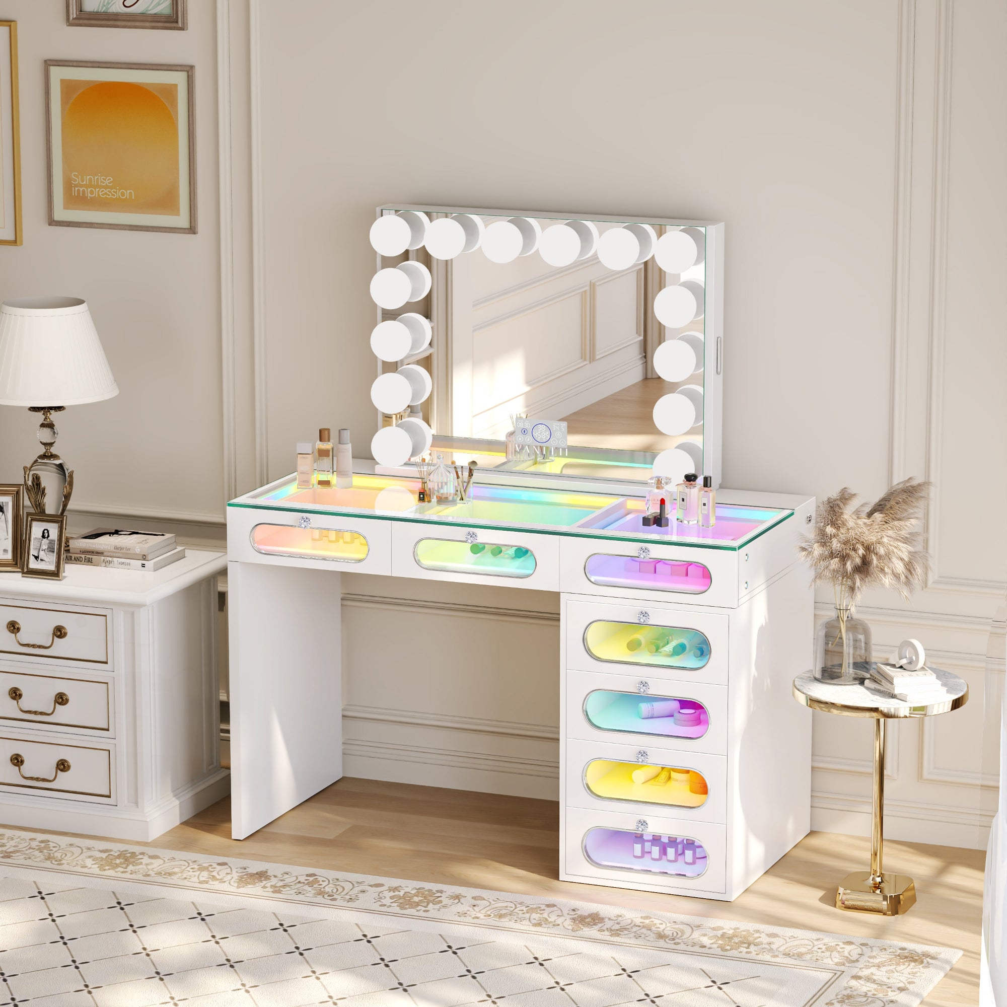 Priscilla 7 Glass Fronted Drawers Vanity Set with Mirror and Chair
