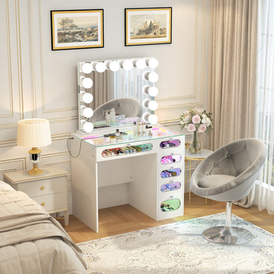 New Release ! VanitiiHome Priscilla 6 Glass Fronted Drawers Vanity Set with Mirror & Chair