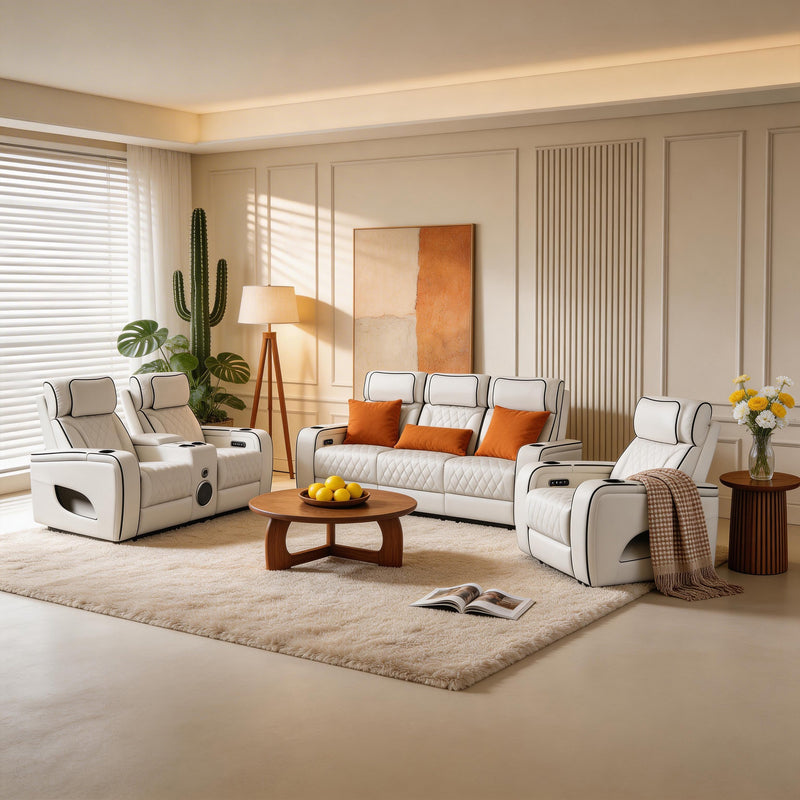 Luxury White Power Recliner Sofa Set