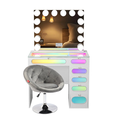 New Release ! VanitiiHome Priscilla 6 Glass Fronted Drawers Vanity Set with Mirror & Chair