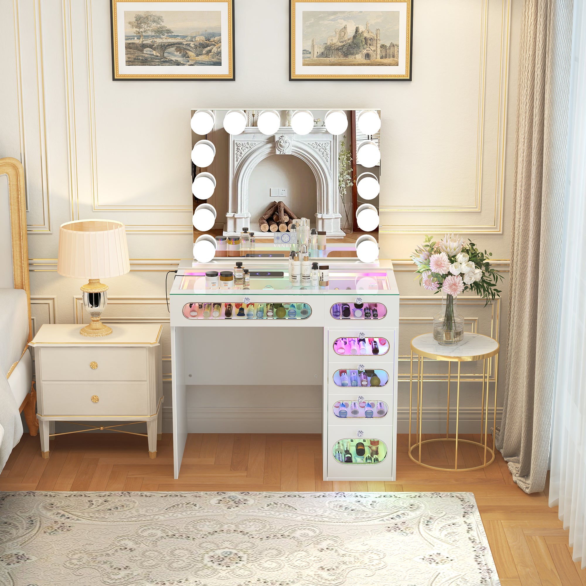 New Release ! VanitiiHome Priscilla 6 Glass Fronted Drawers Vanity Set with Mirror & Chair