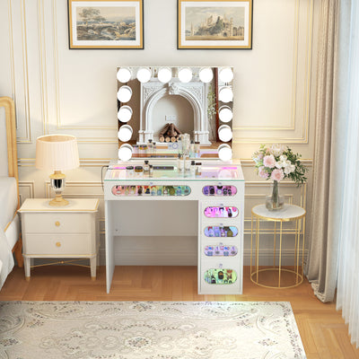 New Release ! VanitiiHome Priscilla 6 Glass Fronted Drawers Vanity Set with Mirror & Chair