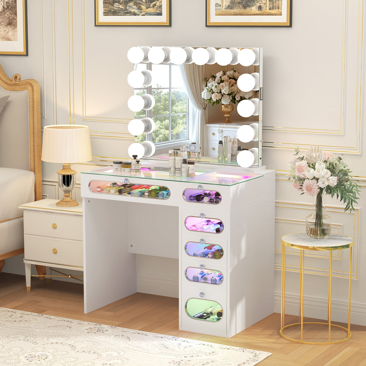 New Release ! VanitiiHome Priscilla 6 Glass Fronted Drawers Vanity Set with Mirror & Chair