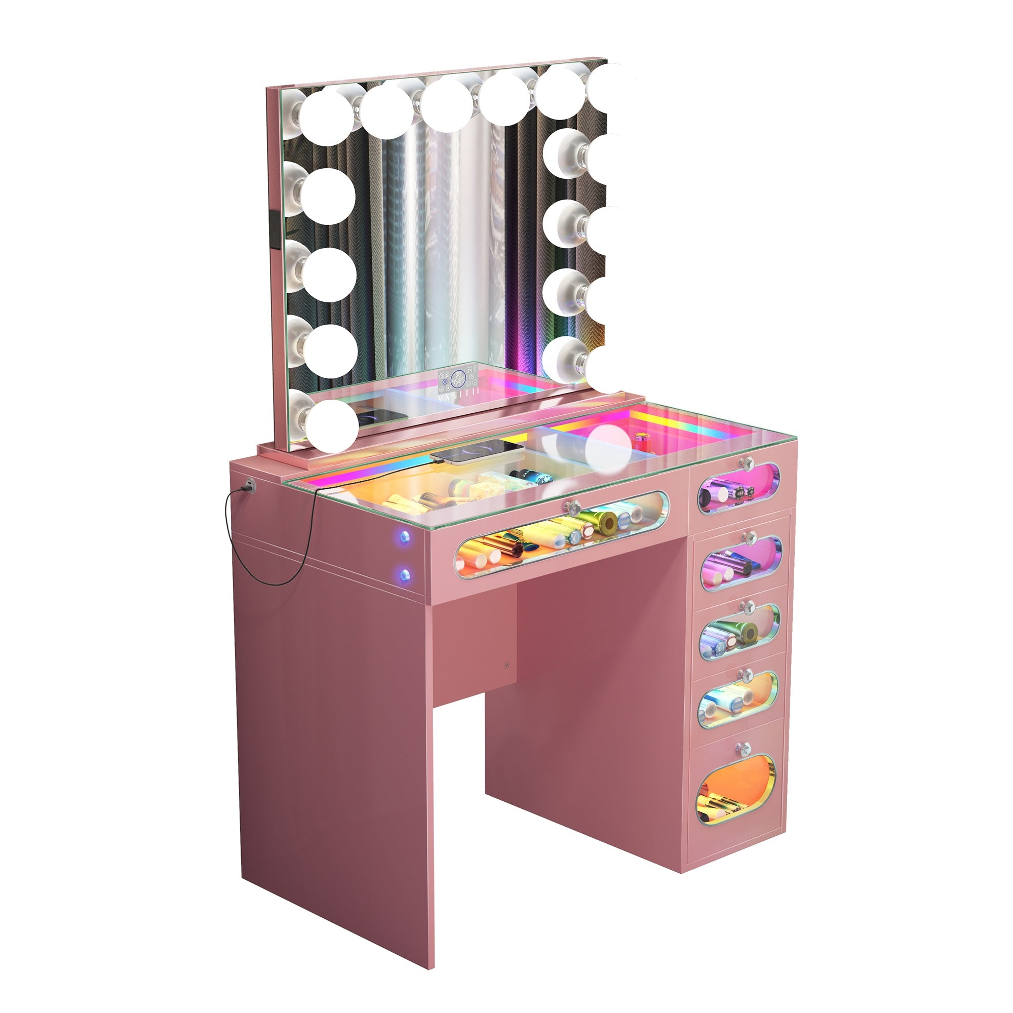 New Release ! VanitiiHome Priscilla 6 Glass Fronted Drawers Vanity Set with Mirror & Chair