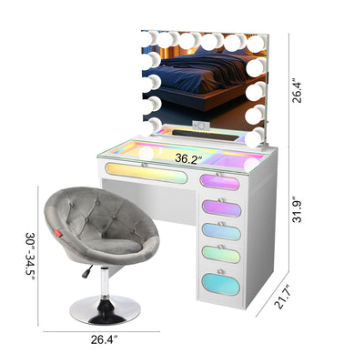 New Release ! VanitiiHome Priscilla 6 Glass Fronted Drawers Vanity Set with Mirror & Chair