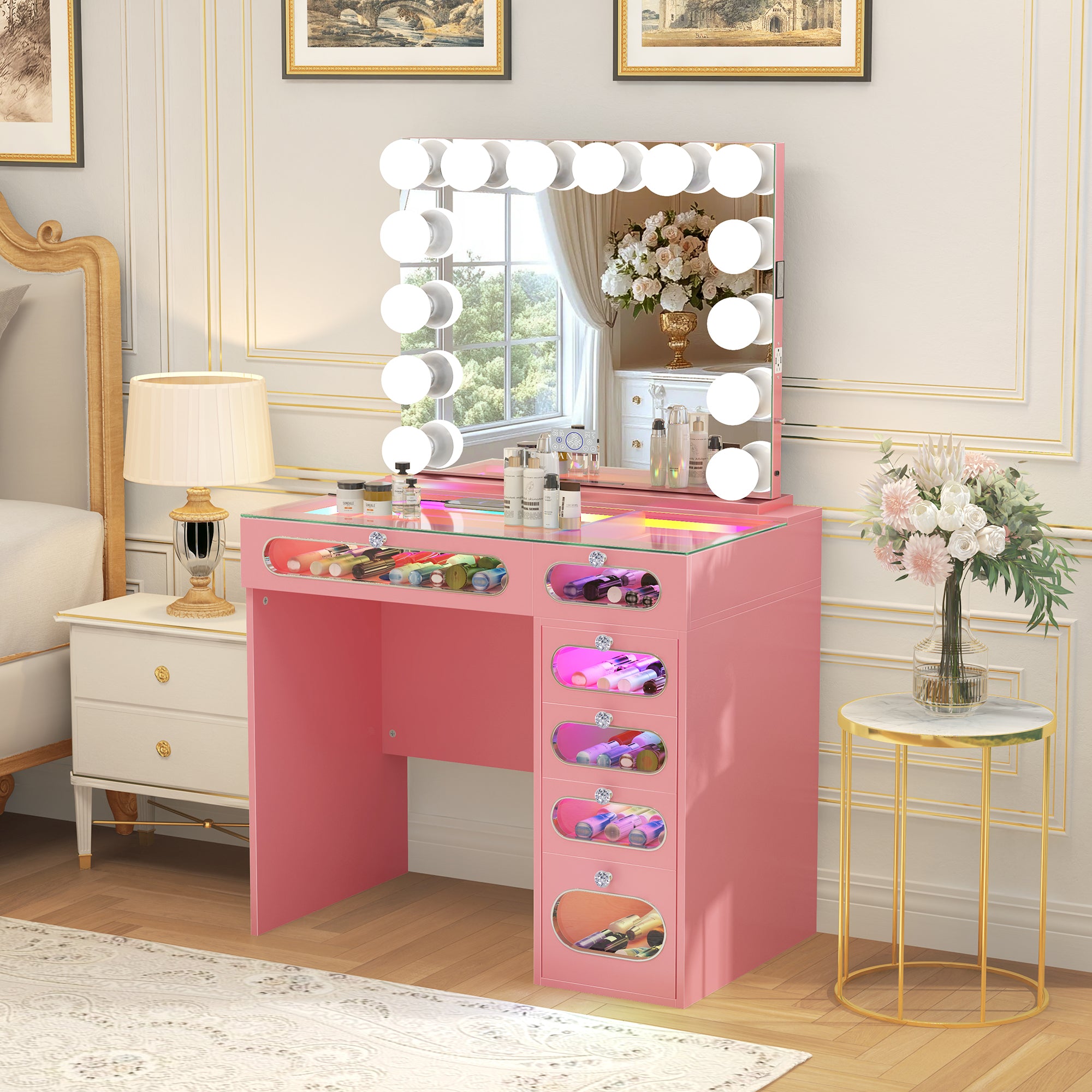 New Release ! VanitiiHome Priscilla 6 Glass Fronted Drawers Vanity Set with Mirror & Chair