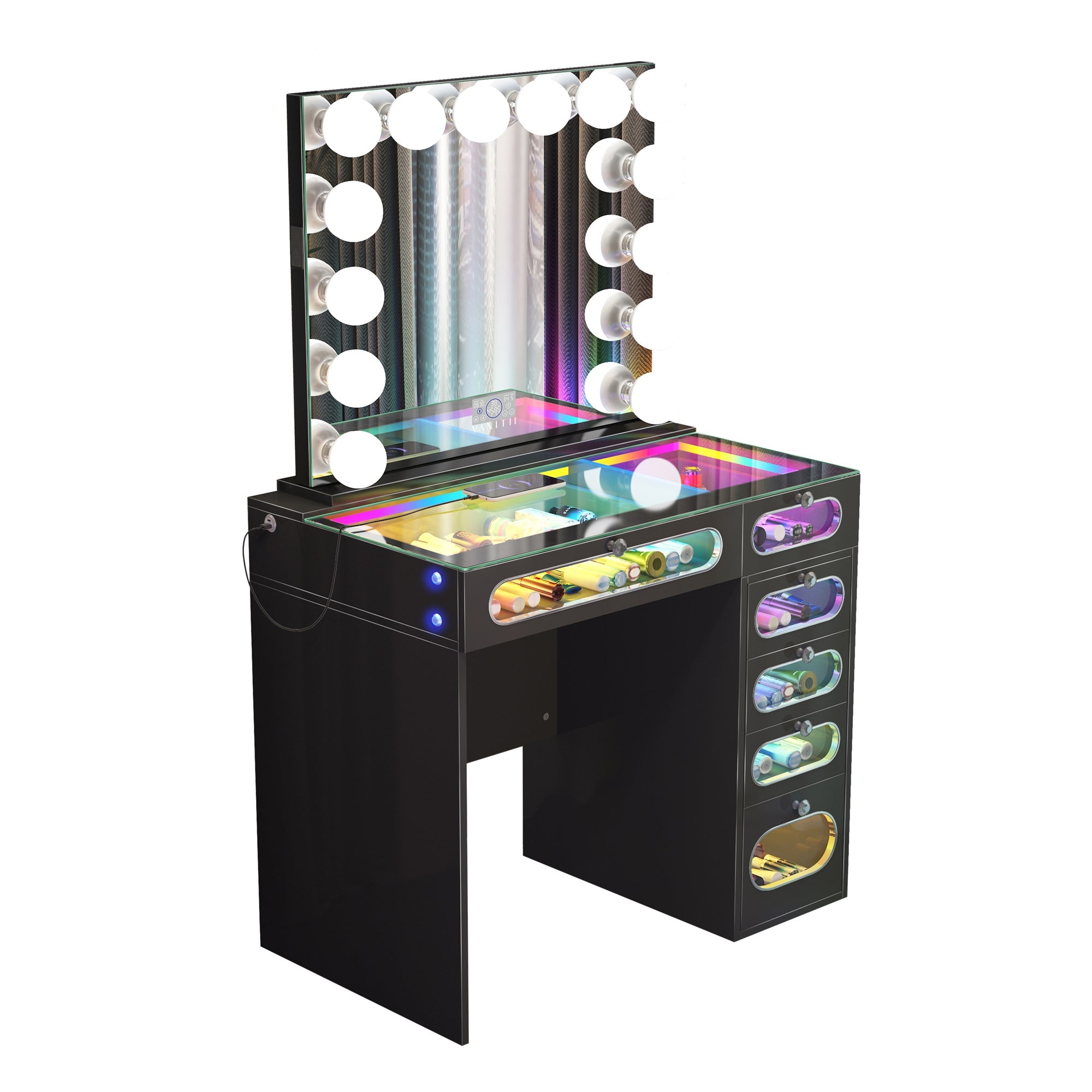 New Release ! VanitiiHome Priscilla 6 Glass Fronted Drawers Vanity Set with Mirror & Chair