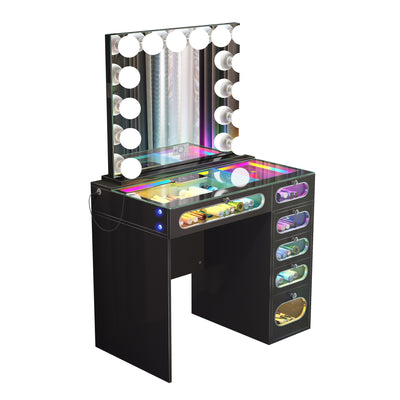 New Release ! VanitiiHome Priscilla 6 Glass Fronted Drawers Vanity Set with Mirror & Chair