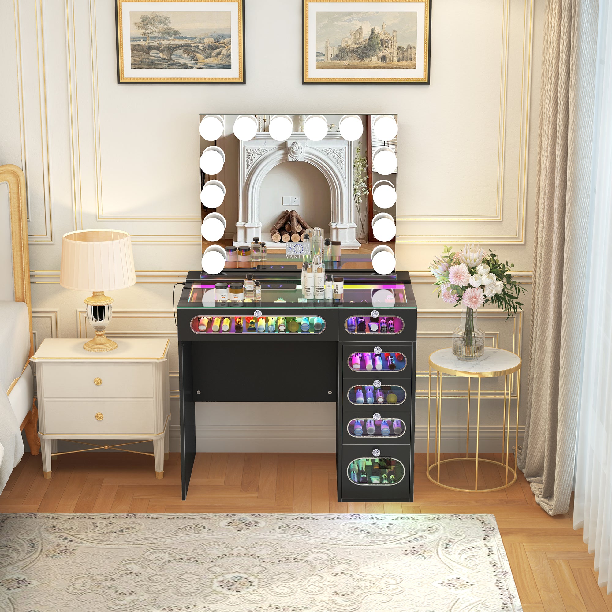 New Release ! VanitiiHome Priscilla 6 Glass Fronted Drawers Vanity Set with Mirror & Chair