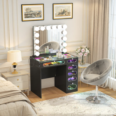 New Release ! VanitiiHome Priscilla 6 Glass Fronted Drawers Vanity Set with Mirror & Chair