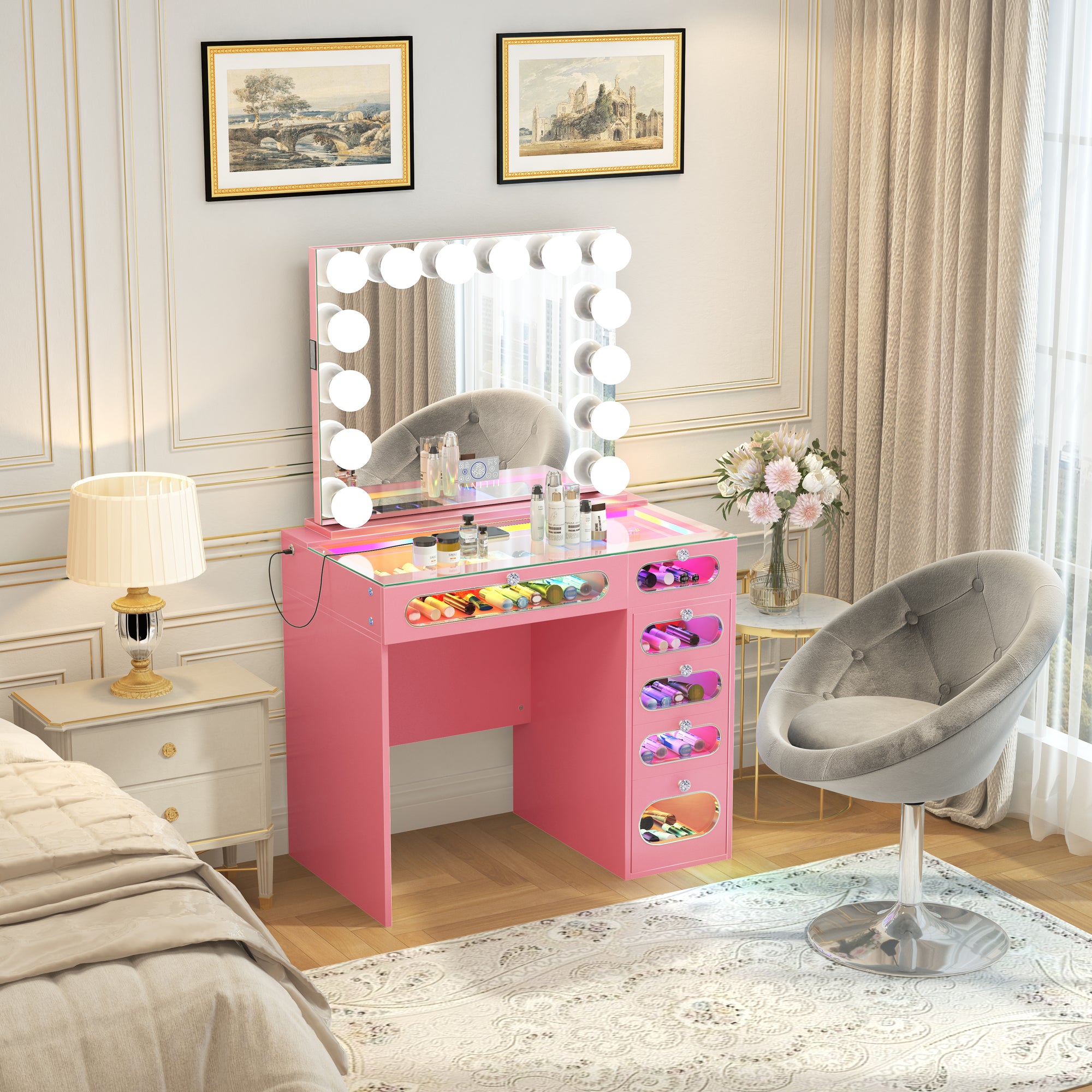 New Release ! VanitiiHome Priscilla 6 Glass Fronted Drawers Vanity Set with Mirror & Chair