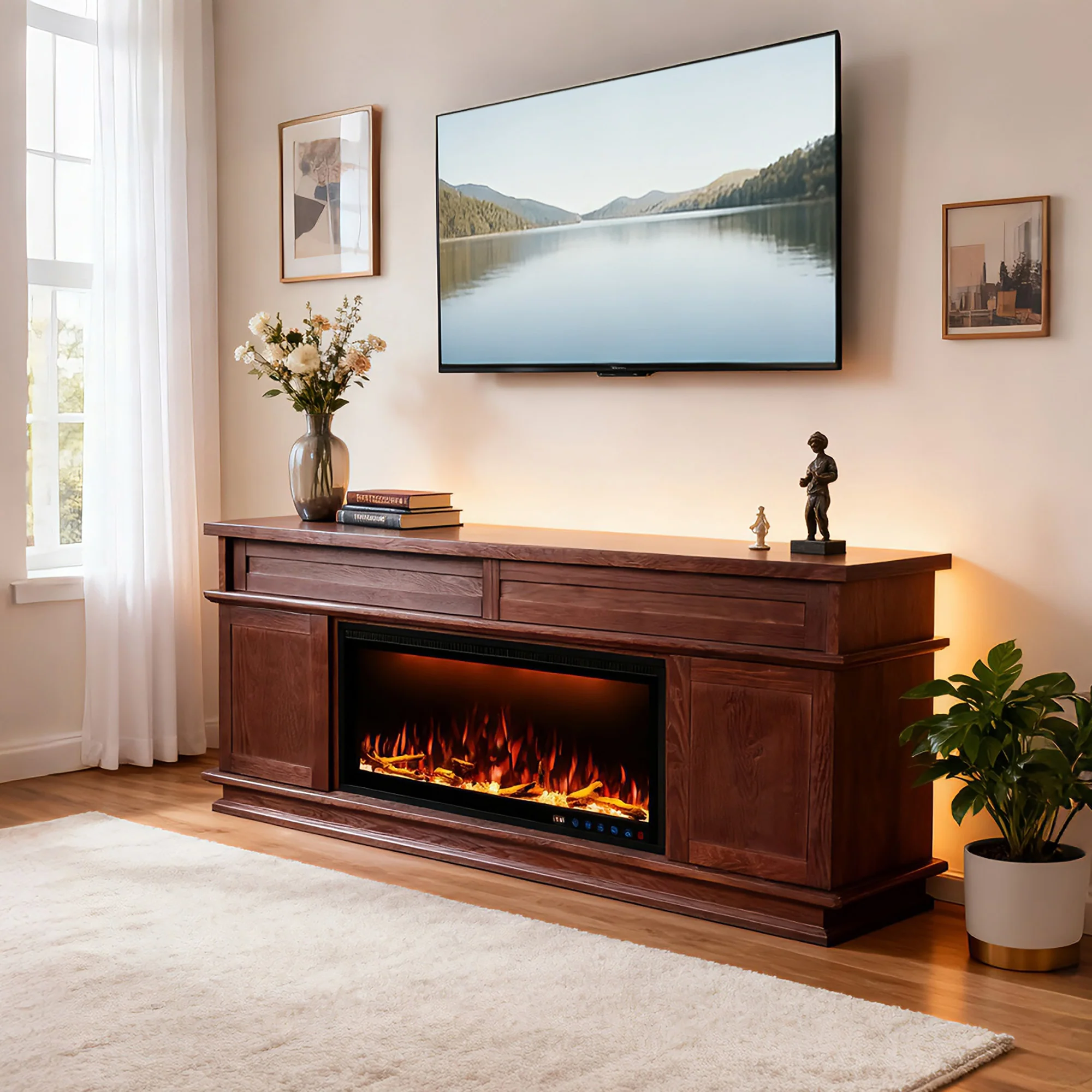 VanitiiHome Fully Assembled 70" Dark Mahogany Ash Veneer Fireplace TV Stand