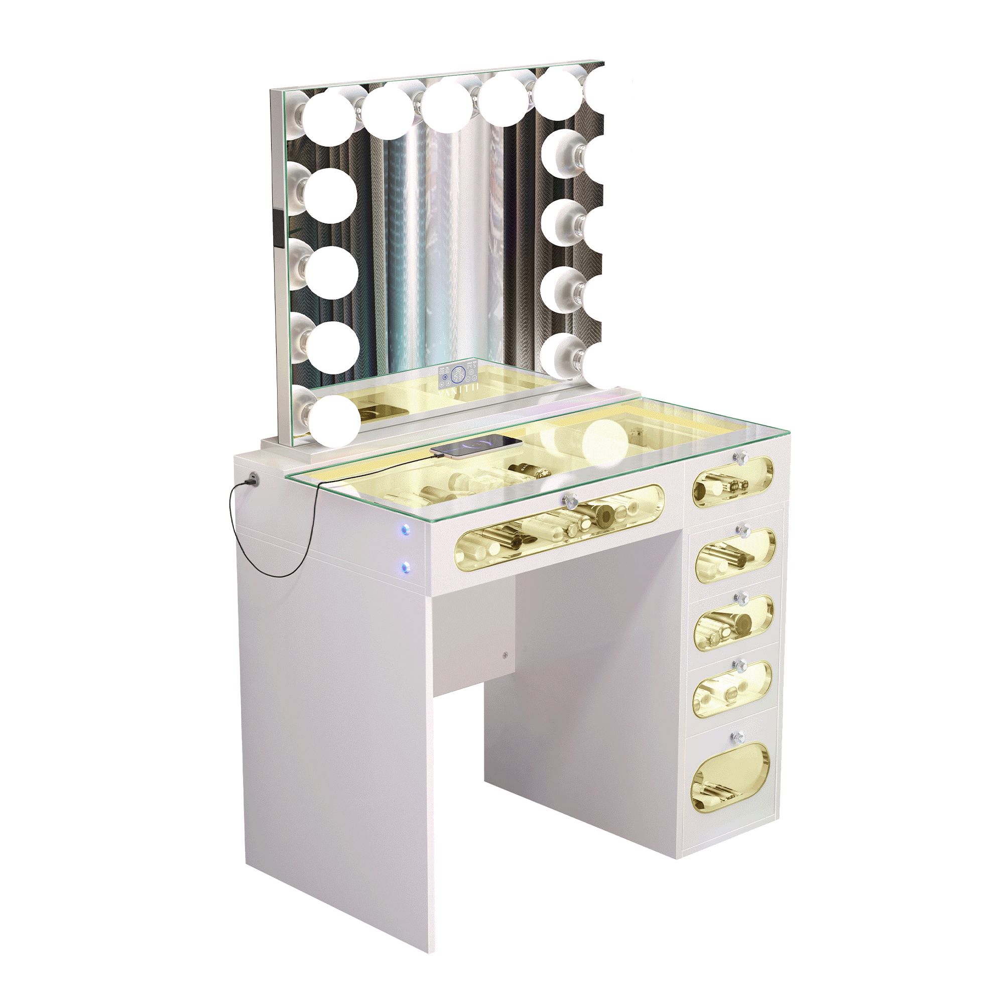 New Release ! VanitiiHome Priscilla 6 Glass Fronted Drawers Vanity Set with Mirror & Chair